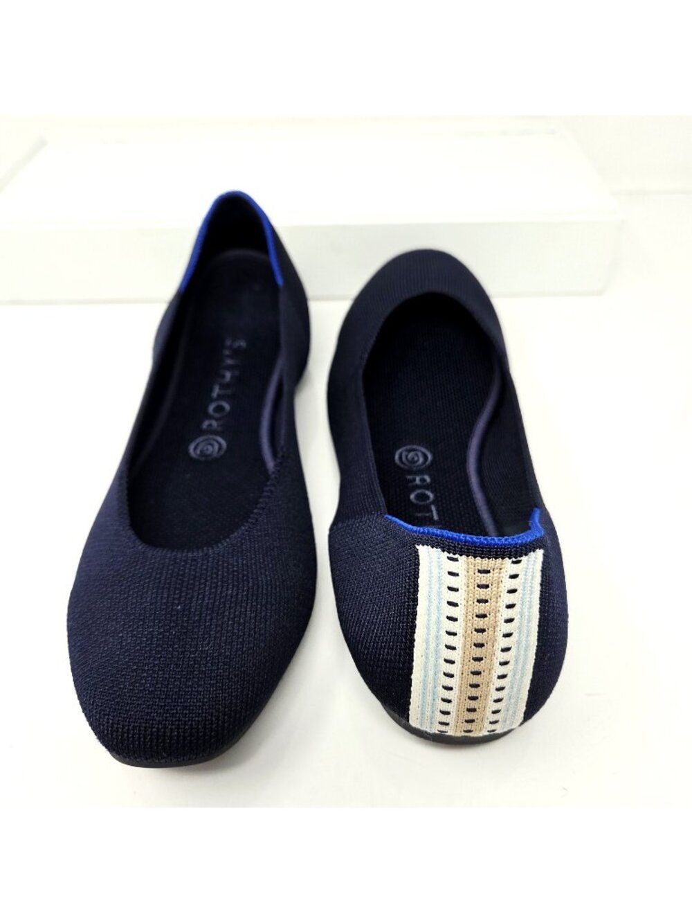 Rothy's The Square Navy Blue Knit Stripe Heel Ballet Flats Womens 9.5 Nautical
